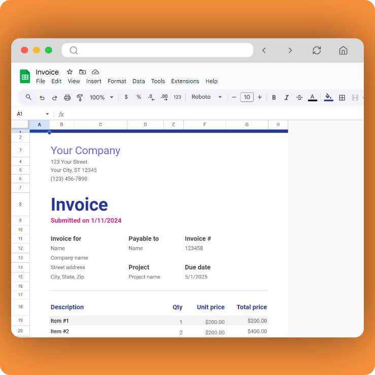 Google Sheets document displaying a formatted invoice template with sections for company details, invoice information, and itemized costs.