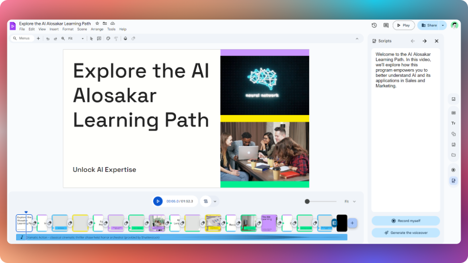 A preview of Google Vids UI with a first draft of AI Alosakar learning path video generated with Gemini for Google Workspace.