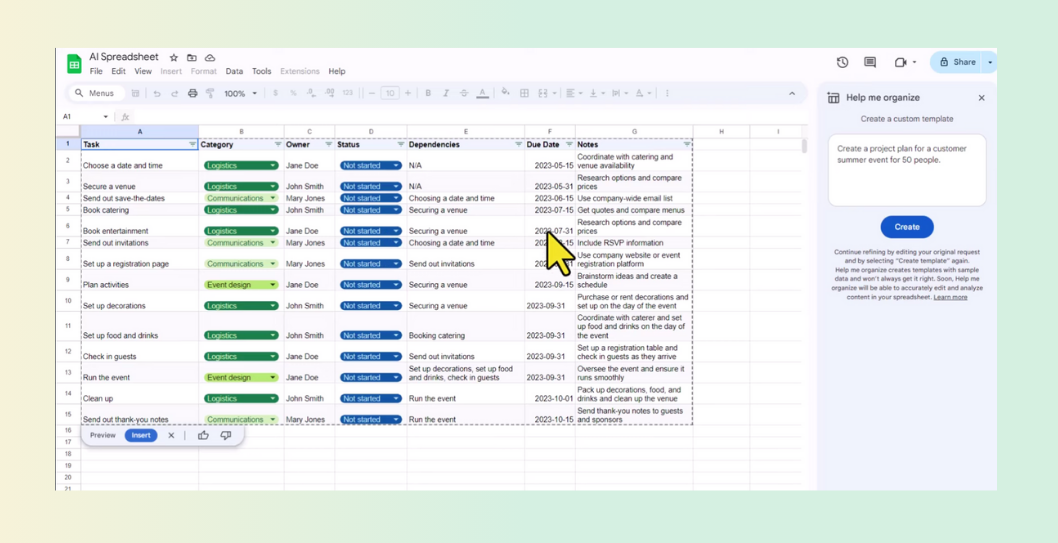 Custom project planning template for organizing summer events using Gemini Google Sheets.