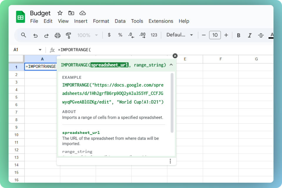 A screenshot of Google Sheets showing the use of the IMPORTRANGE function, with the function helper tooltip explaining its syntax and an example.