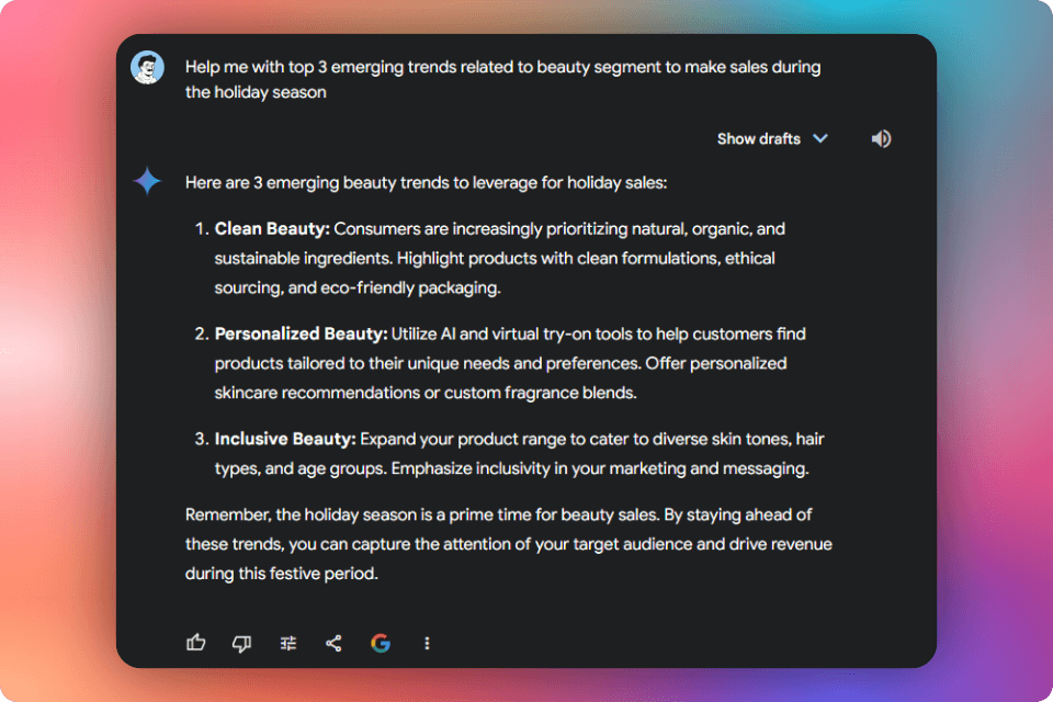 A prompt inputted to Gemini on the web asking for emerging trends in beauty for the holiday season.