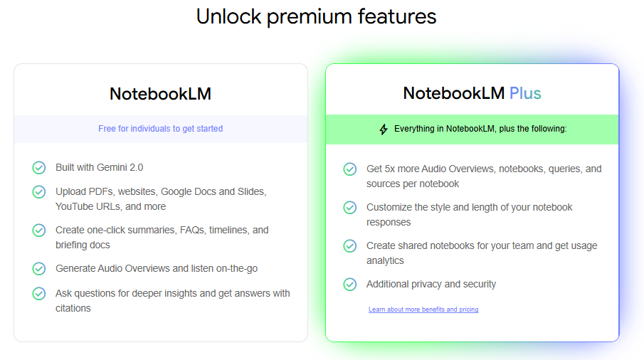 Features of NotebookLM and NotebookLM Plus.