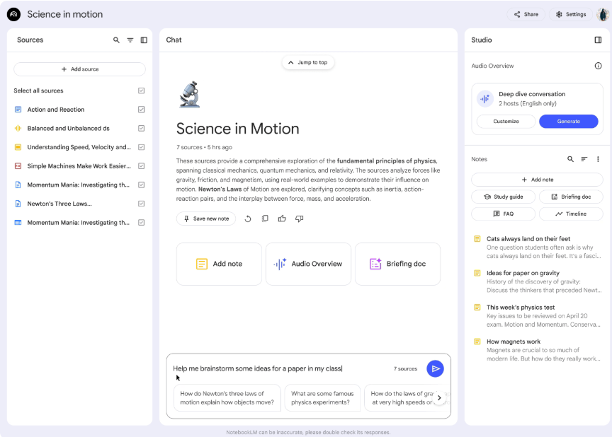 Image of NotebookLM with the 3 panels.